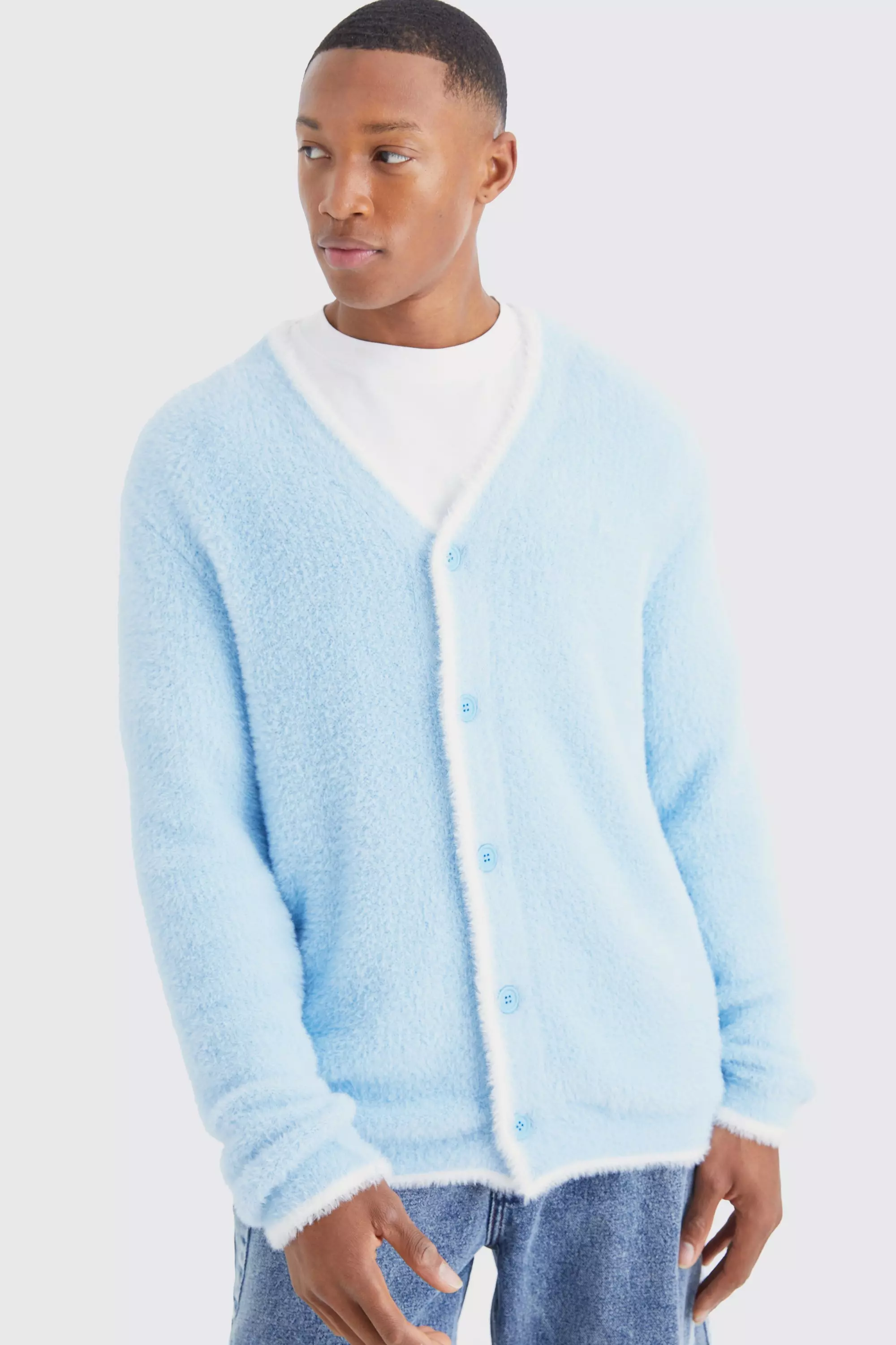 Relaxed Fluffy Cardigan With Tipping | boohooMAN USA